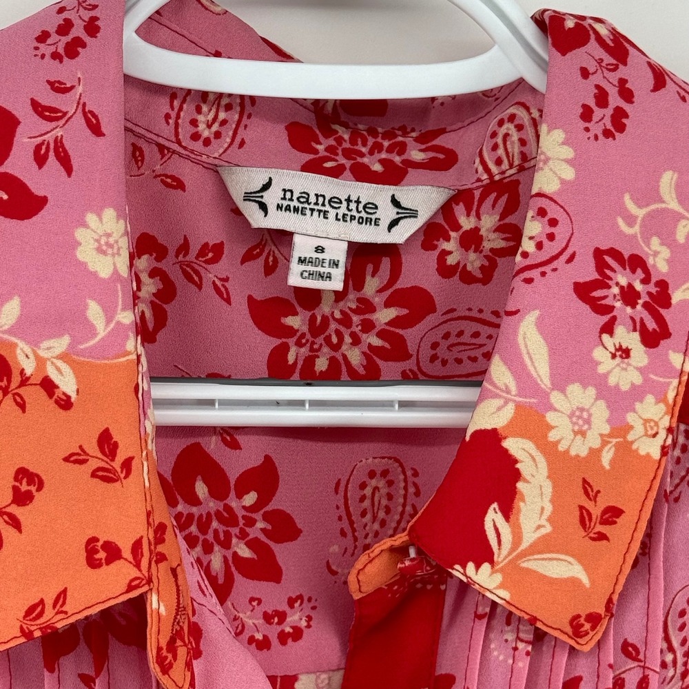 Nanette Lepore Cottagecore Red Pink Floral Paisley‎ Pintuck Shirt Dress Size 8 - Picture 3 of 4